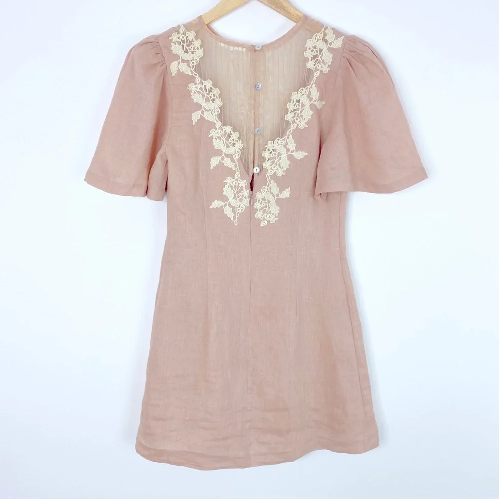 Tularosa Women’s Levy Mini Linen Natural Pink Embroidered Dress Medium New - Picture 4 of 5